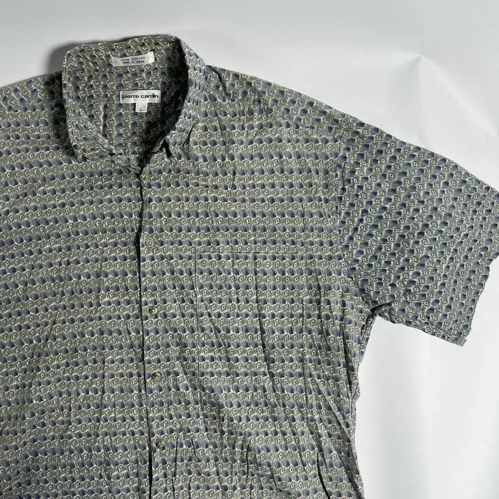 Pierre‎ Cardin Men's Green/Blue/Beige Geometric Woven Cotton Button-Up SS L 48